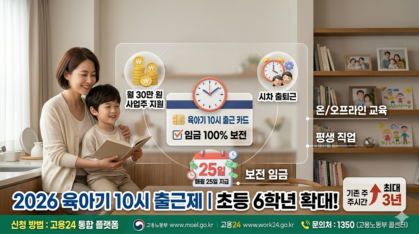 2026년 확대된 육아기 유연근무 정책을 설명하는 대표 이미지. 카페 같은 아늑한 서재에서 엄마가 초등학생 아이를 안고 스마트폰으로 고용24 앱의 '육아기 단축근무 승인' 알림을 확인하며 행복하게 웃고 있는 모습. '최대 3년', '임금 100% 보전', '초등 6학년 확대' 등 핵심 문구가 포함된 인포그래픽 디자인.