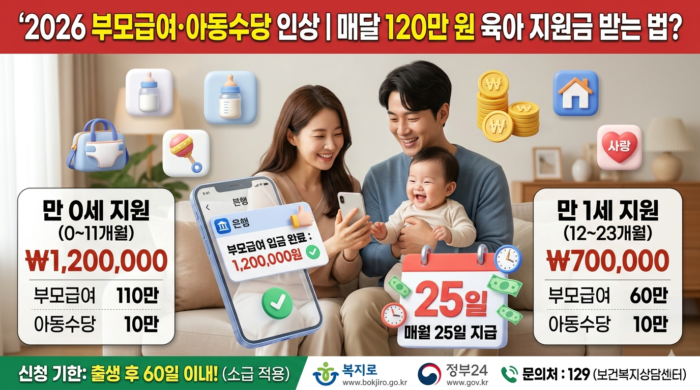 2026년 인상된 부모급여와 아동수당 혜택을 설명하는 대표 이미지. 행복한 표정의 부모가 아기를 안고 스마트폰으로 월 120만 원 입금 알림을 확인하는 모습과 주요 지원 금액 정보가 포함된 디자인.
