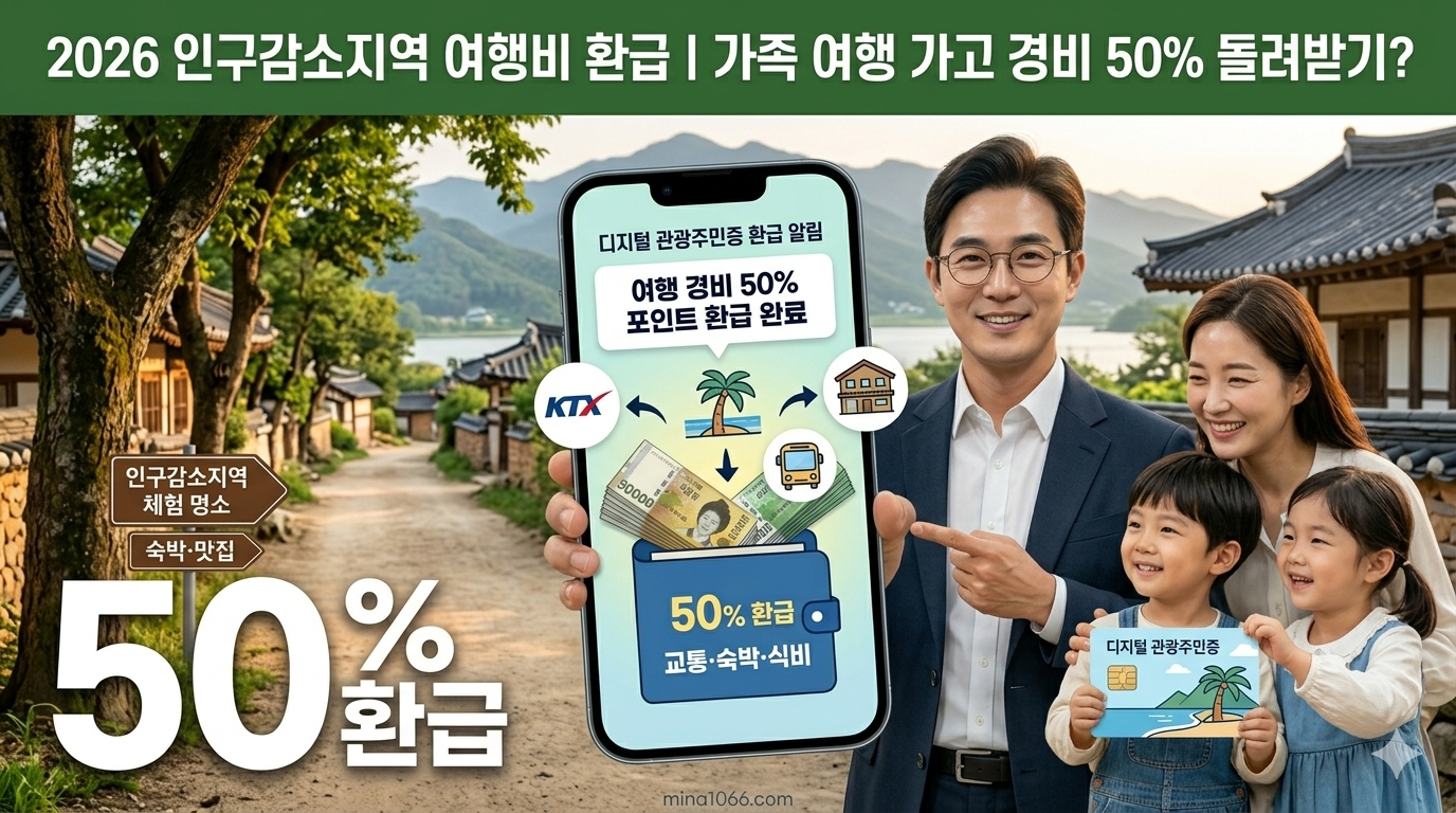 2026 인구감소지역 여행비 환급 정책을 설명하는 대표 이미지. 고즈넉한 국내 관광지 배경에서 한 가족이 여행 경비의 50%가 환급되는 스마트폰 화면을 보며 즐거워하는 모습.
