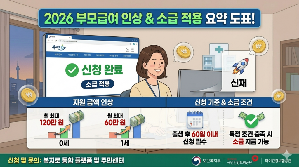 2026년 부모급여 인상 소식을 핵심 데이터 도표로 요약한 애니메이션 스타일의 인포그래픽 이미지. 따뜻하고 귀여운 캐릭터 부모와 아기가 원룸에서 컴퓨터를 보며 웃고 있으며, 중앙에는 '연령별 인상 금액(0세 월 120만 원, 1세 월 60만 원)'과 '소급 적용 조건(출생 후 60일 이내 신청)'이 깔끔한 비교 표와 강조된 수치로 표현됨. '선착순 접수 주의'와 '복지로 신청 방법'이 함께 포함된 밝고 신뢰감 있는 디자인.
