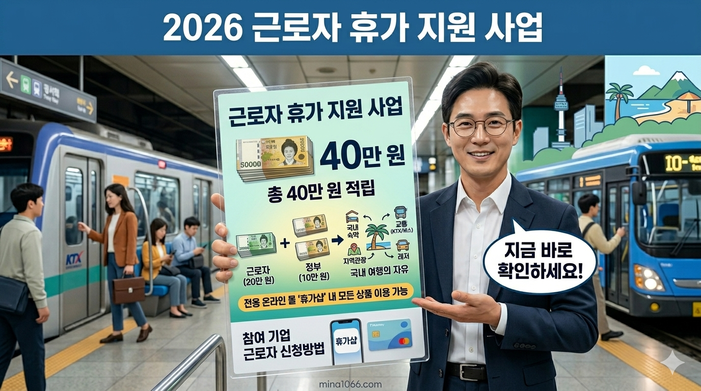 2026 근로자 휴가 지원 사업을 설명하는 실사 대표 이미지. 국내 여행지에서 직장인이 스마트폰을 들고 있으며, 그 위로 20만 원이 40만 원으로 복사되는 입체적인 지폐와 포인트 그래픽이 터져 나오고 있음.
