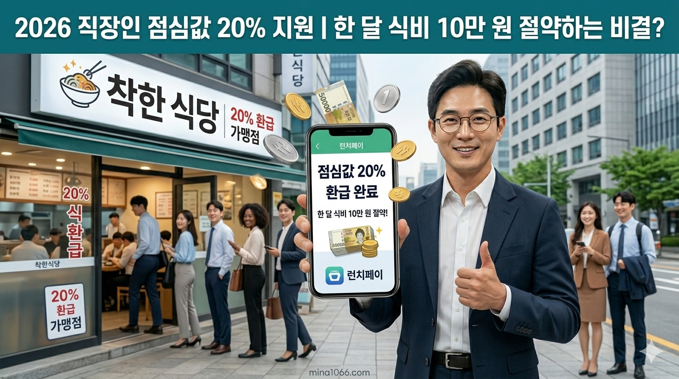 2026 직장인 식비 지원 정책을 설명하는 대표 이미지. 오피스 밀집 지역에서 직장인이 스마트폰 앱으로 점심값 20% 환급 알림을 확인하며 만족스럽게 웃고 있는 모습.