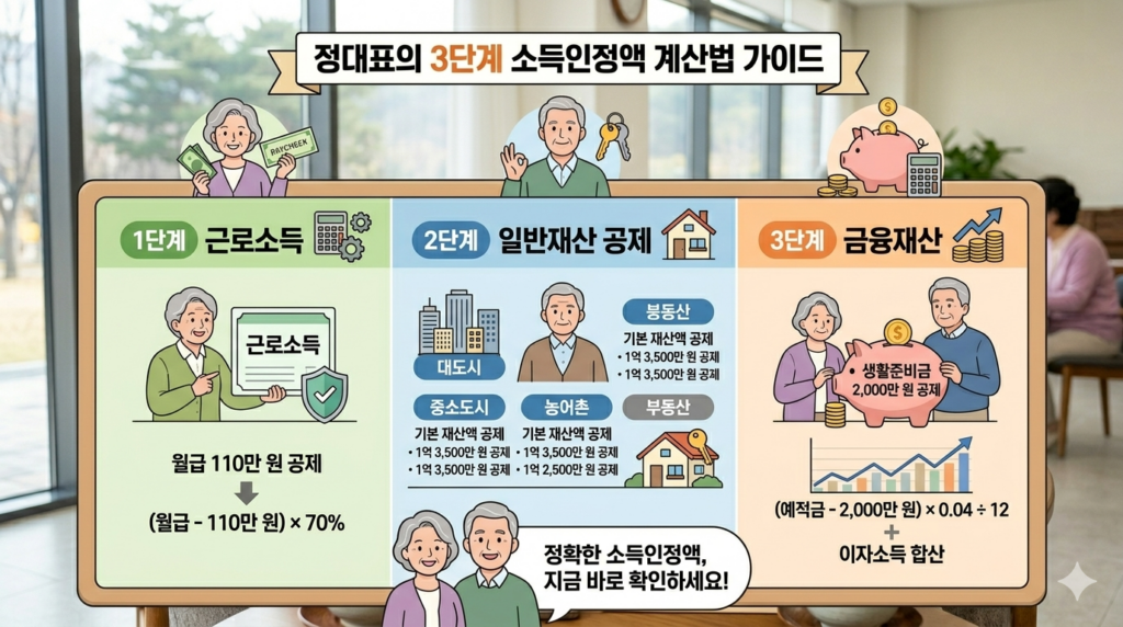 2026년 기초연금 소득인정액 계산법 가이드: 근로소득, 일반재산, 금융재산 공제 안내 - 정책잇슈 정대표