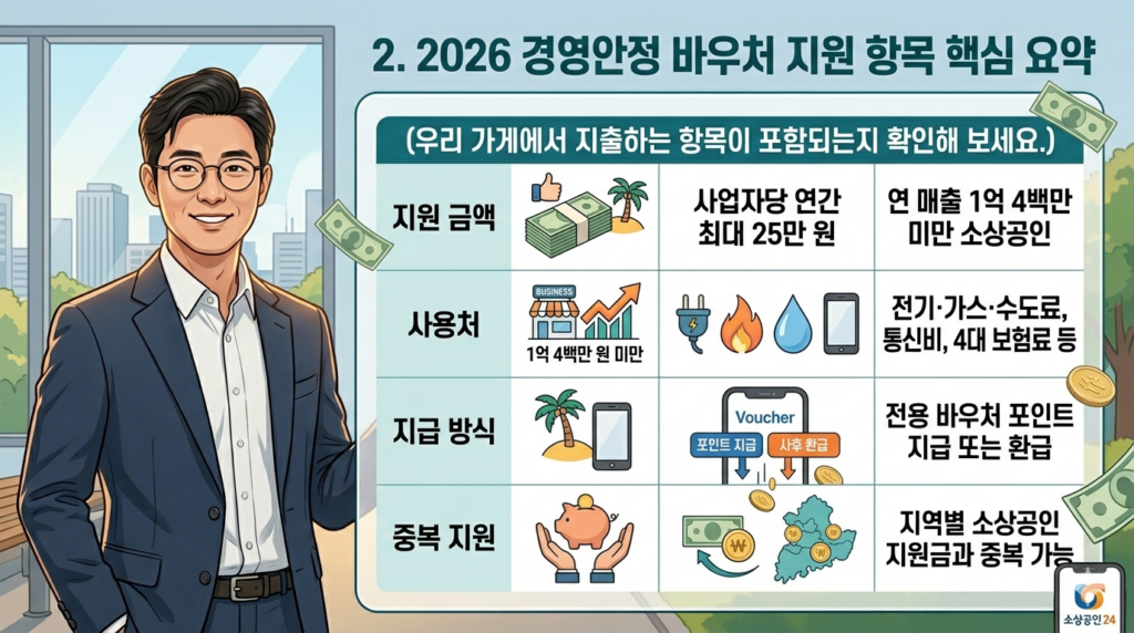 2026 소상공인 경영안정 바우처의 핵심 지원 항목과 자격을 설명하는 일러스트 이미지. 정대표 캐릭터가 자신감 넘치게 서 있으며, 옆으로 연 매출 기준, 최대 25만 원 지원 금액, 전기·가스·통신비 등 확대된 사용처 정보가 크고 명확한 아이콘과 텍스트로 정리된 그래픽 패널이 펼쳐져 있음.