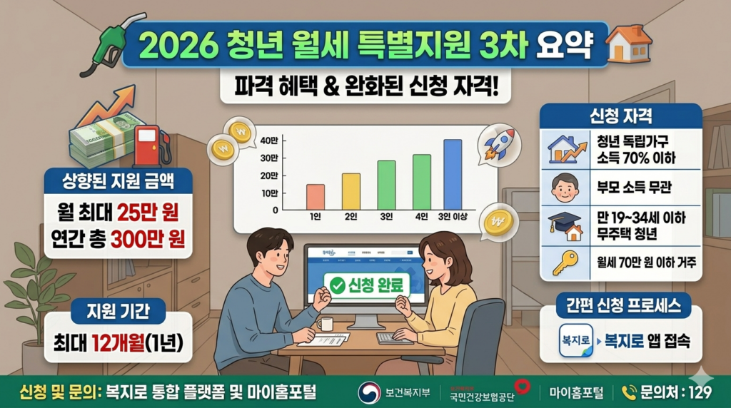 2026년 청년 월세 특별지원 3차 모집의 핵심 데이터를 요약한 애니메이션 스타일의 인포그래픽 도표. 따뜻하고 귀여운 캐릭터 청년들이 원룸에서 컴퓨터를 보며 웃고 있으며, 중앙에는 '월 최대 25만 원', '연간 총 300만 원'이라는 상향된 지원 금액과 '청년 독립가구 중위소득 70% 이하', '부모 소득 무관'이라는 완화된 신청 자격이 깔끔한 비교 표와 강조된 수치로 표현됨. '선착순 접수 주의'와 '복지로 신청 방법'이 함께 포함된 밝고 신뢰감 있는 디자인.