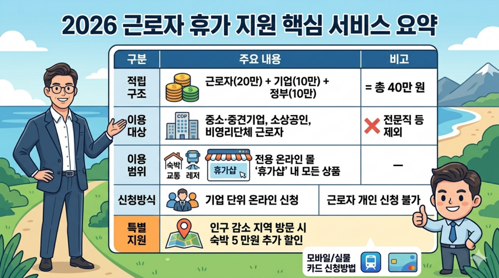 2026 근로자 휴가 지원 사업의 핵심 내용을 설명하는 일러스트 이미지. 정대표 캐릭터가 자신감 넘치게 서 있으며, 옆으로 2026년 휴가샵 포인트 40만 원 적립 구조와 이용 대상, 추가 혜택 정보가 크고 명확한 아이콘과 텍스트로 정리된 그래픽 패널이 펼쳐져 있음.