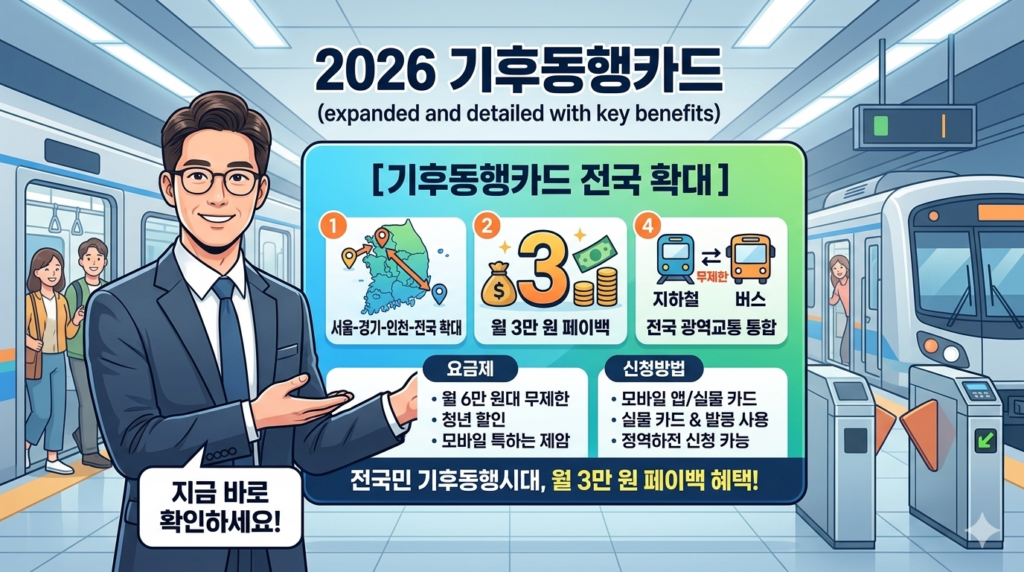 2026 기후동행카드 전국 확대 및 월 3만원 페이백 혜택을 설명하는 정대표 캐릭터 이미지. 배경에는 지하철 역사와 전동차가 보이며, 정대표가 카드를 들고 혜택을 안내하고 있음.