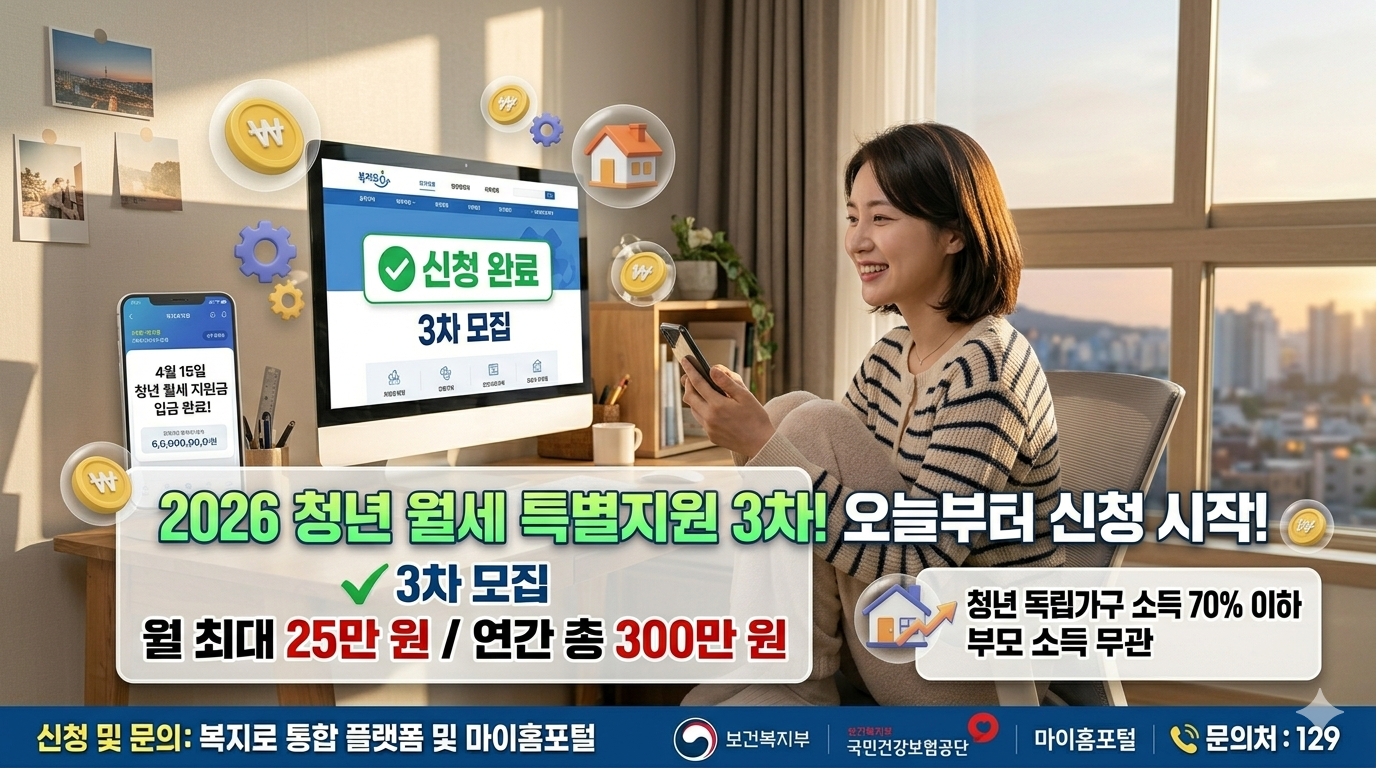 2026 청년 월세 특별지원 3차 모집을 알리는 실사 기반의 대표 이미지. 깔끔한 원룸 카페 같은 공간에서 스마트폰으로 복지로 앱을 확인하며 기뻐하는 청년의 모습. '오늘부터 신청 시작', '월 최대 25만 원 지급', '부모님 소득 무관'이라는 핵심 문구가 강조된 디자인.