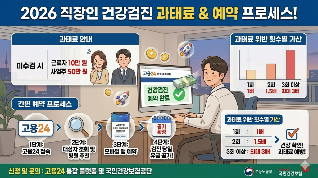 2026년 직장인 건강검진 의무화를 설명하는 애니메이션 스타일의 인포그래픽 이미지. 따뜻하고 귀여운 캐릭터 근로자가 복지로 앱을 통해 신청하고, 병원 검진을 받는 과정을 단계별로 시각화. 미수검 시 근로자 10만 원, 사업주 50만 원 과태료 부과와 함께 고용24 연계 예약 시스템 요약 표가 포함된 밝고 긍정적인 분위기를 연출.