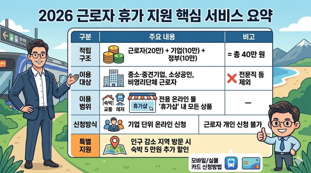 2026 근로자 휴가 지원 사업의 핵심 내용을 설명하는 일러스트 이미지. 정대표 캐릭터가 자신감 넘치게 서 있으며, 옆으로 2026년 휴가샵 포인트 40만 원 적립 구조와 이용 대상, 추가 혜택 정보가 크고 명확한 아이콘과 텍스트로 정리된 그래픽 패널이 펼쳐져 있음.