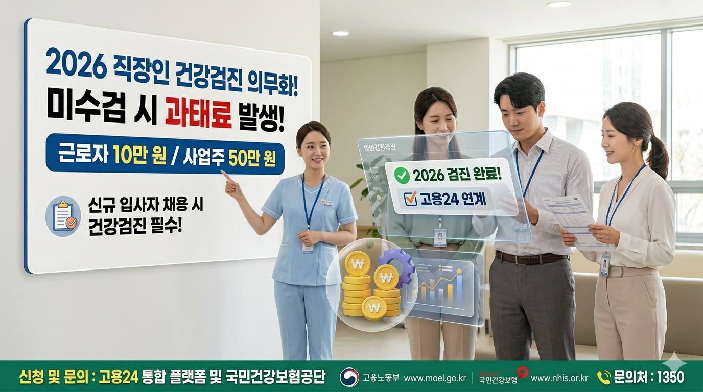 2026년 직장인 건강검진 의무화를 설명하는 실사 기반의 대표 이미지. 밝은 병원 복도에서 간호사가 대형 안내판을 가리키고 있으며, 안내판에는 '근로자 10만 원 / 사업주 50만 원 과태료 발생'과 '신규 입사자 채용 시 건강검진 필수'라는 문구가 선명하게 적혀 있음. 건강검진 결과표를 확인하며 안심하는 직장인들의 모습과 고용24 로고가 포함된 신뢰감 있는 인포그래픽 디자인.