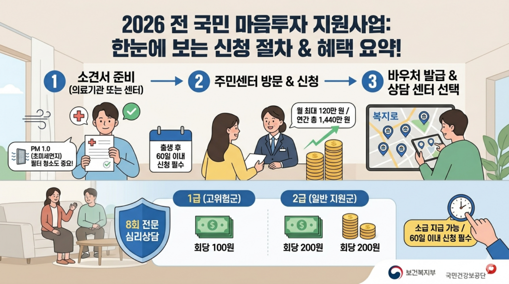 2026 전 국민 마음투자 지원사업 신청 방법 및 혜택 요약 도표