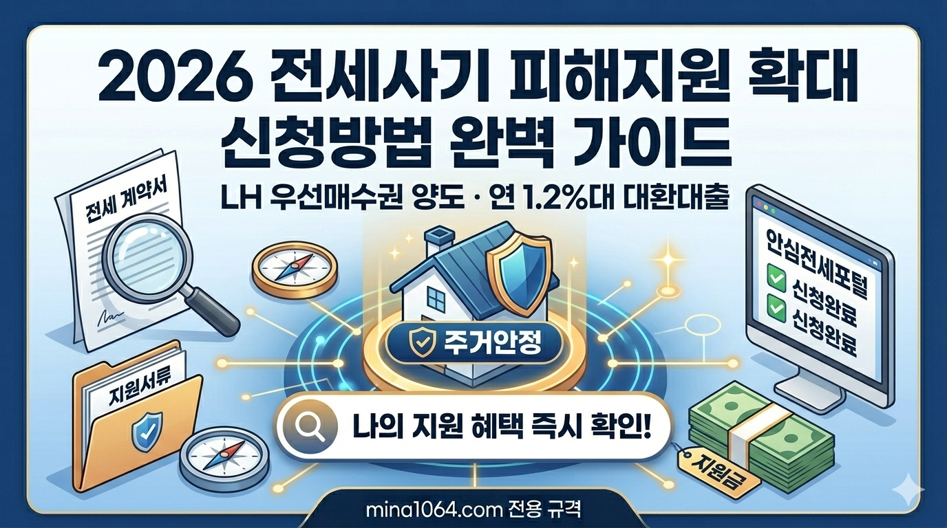2026 전세사기 피해지원 신청방법 및 LH 우선매수권 활용 가이드 대표 이미지, 주거 안정 안심 보장 그래픽