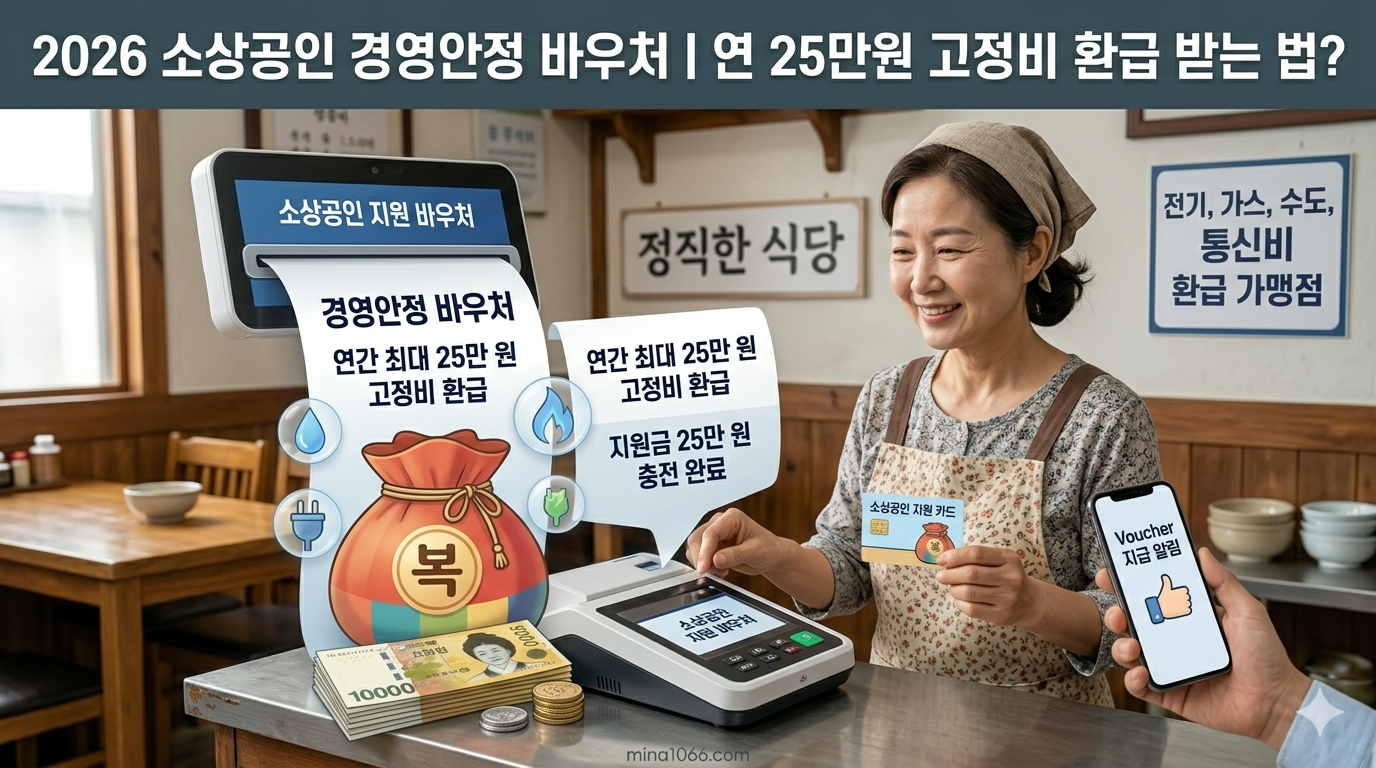2026 소상공인 경영안정 바우처 정책을 설명하는 대표 이미지. 상점가 배경에서 소상공인 사장님이 스마트폰으로 25만 원 바우처 지급 알림을 확인하며 안도하는 모습.
