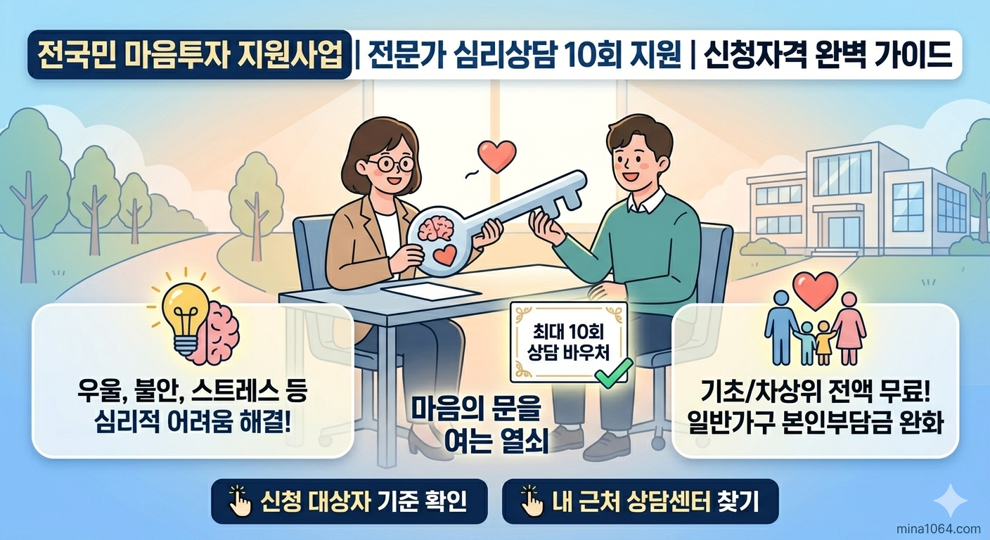 전국민 마음투자 지원사업 신청 자격 및 소득 수준별 본인부담금 상세 기준 정보 인포그래픽
