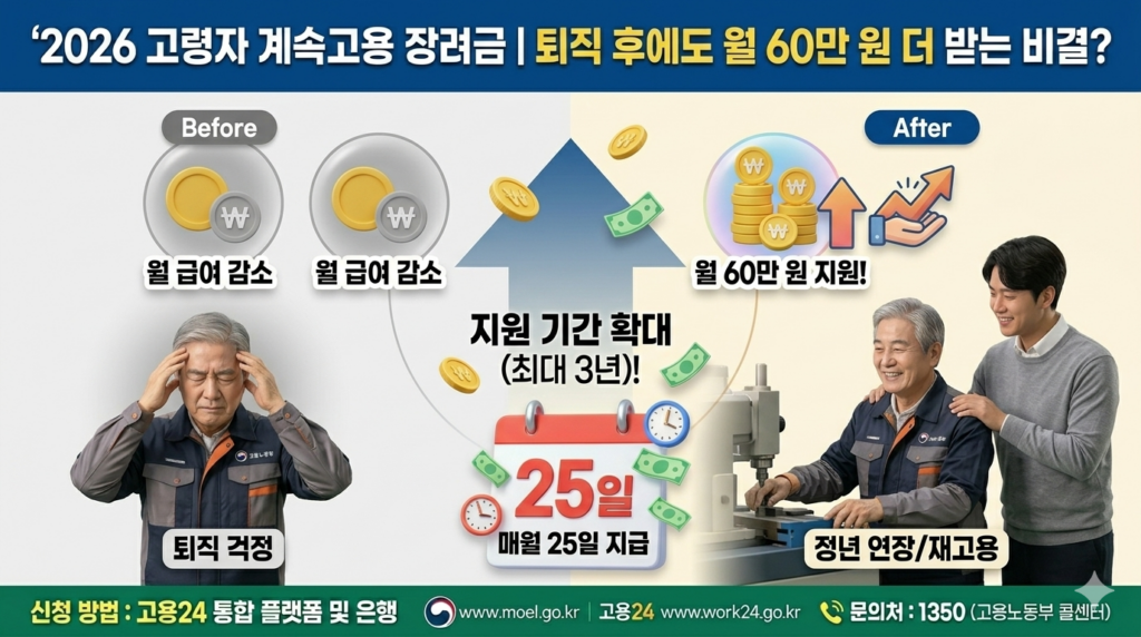 2026년 확대된 고령자 계속고용 장려금 정책의 전후를 비교한 인포그래픽 이미지. 'Before' 섹션은 월 급여 감소와 퇴직 걱정을 greyed-out 3D 아이콘으로 보여주며, 'After' 섹션은 월 60만 원 지원과 정년 연장의 여유를 밝은 3D 아이콘으로 강조. 매월 25일 지급일과 고용24 신청 방법 요약.