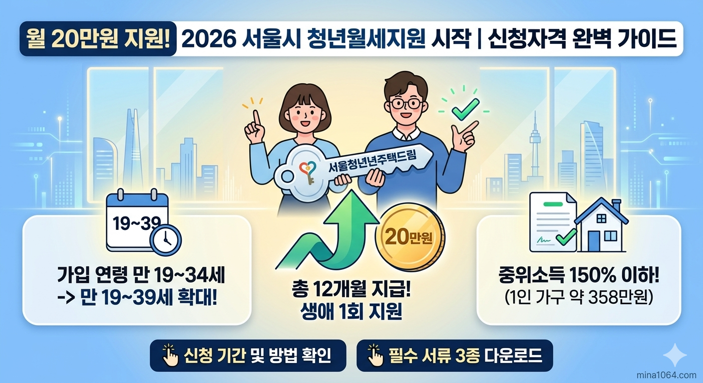 2026 서울시 청년월세지원 월 20만원 지급 생애 1회 지원 신청자격 완벽 가이드 인포그래픽 섬네일