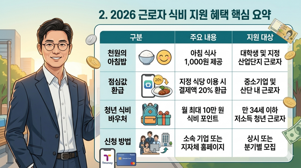 2026 직장인 식비 지원 정책을 설명하는 일러스트 이미지. 정대표 캐릭터가 자신감 넘치게 서 있으며, 옆으로 2026년 천원의 아침밥과 점심값 환급, 청년 바우처 지원 구조와 대상, 신청 정보가 크고 명확한 아이콘과 텍스트로 정리된 그래픽 패널이 펼쳐져 있음.