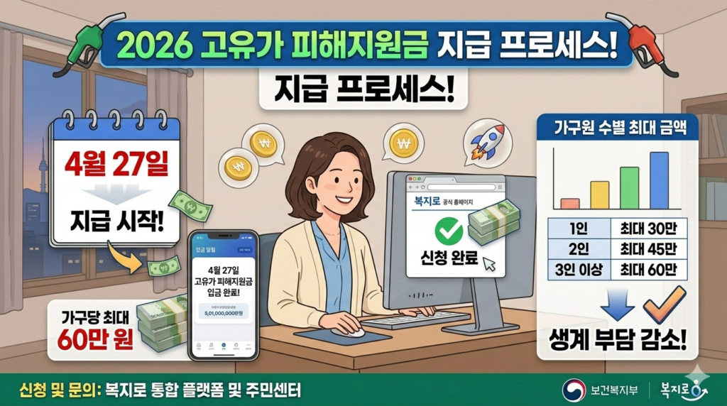 2026년 고유가 피해지원금 지급 확정 소식을 담은 애니메이션 스타일의 인포그래픽 이미지. 따뜻하고 귀여운 캐릭터 엄마가 복지로 앱을 통해 신청하고, 4월 27일에 통장에 돈이 들어오는 과정을 단계별로 시각화. 가구원 수별로 최대 60만 원까지 지급되는 금액 요약 표와 함께, 밝고 긍정적인 분위기를 연출.